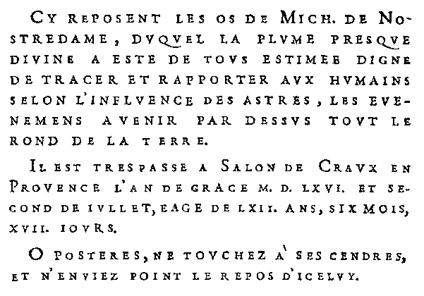 Inscription en franais du tombeau Nostradamus (Chavigny)